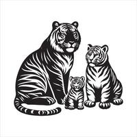 Tigre familia colocar, negro color silueta vector