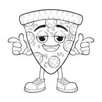 dibujos animados Pizza personaje. contorno de Pizza con queso. contento pizzería mascota personaje. colorante página. vector