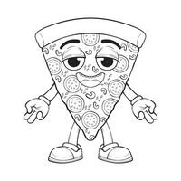 dibujos animados Pizza personaje. contorno de Pizza con queso. contento pizzería mascota personaje. colorante página. vector