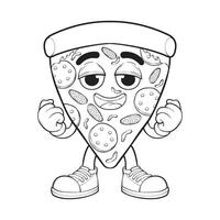 Cartoon pizza character. Outline of pizza with cheese. Happy pizzeria mascot character. coloring page. vector