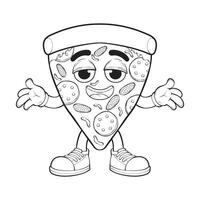 dibujos animados Pizza personaje. contorno de Pizza con queso. contento pizzería mascota personaje. colorante página. vector