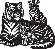 Tigre familia colocar, negro color silueta vector