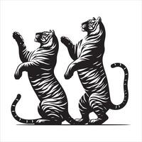 two tigers on their hind legs, black color silhouette vector
