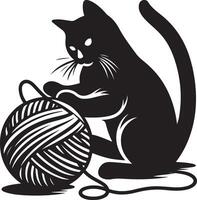 gato jugando con un pelota de lana , negro color silueta vector