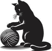 Cat Playing with a Ball of Wool , black color silhouette vector