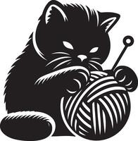 Cat Playing with a Ball of Wool , black color silhouette vector