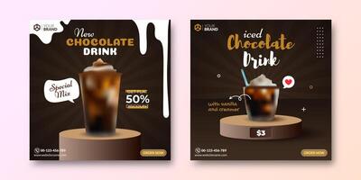 Social media post template for drink product with podium stage and brown background. Chocolate drink digital banner. Mockup of cafe content menu list vector