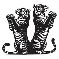 two tigers on their hind legs, black color silhouette vector