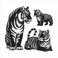 Tigre familia colocar, negro color silueta vector