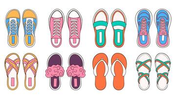 Female shoes collection in cartoon style. Set of elegant shoes, sneakers and boots. Bundle of casual woman footwear. illustration isolated on a white background. vector