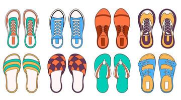 Male footwear sneakers collection in cartoon style. Hand drawn set of casual shoes, boots. Formal footwear for man foot. illustration isolated on a white background. vector
