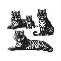 Tiger family set, black color silhouette vector