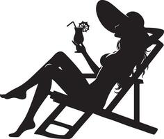 A Woman Relaxing on a Beach Chair with Drink, black color silhouette vector