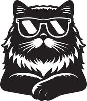 gato con Gafas de sol , negro color silueta, vector