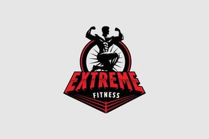 fitness, boxing and bodybuilding club badge emblem style logo with muscular body builder silhouette and boxing ring creatively placed vector