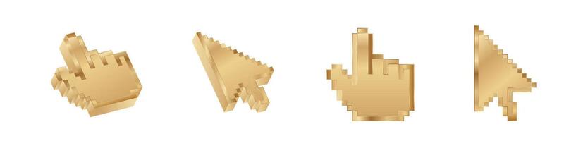 Click cursor 3d gold icon. Computer mouse pointer golden arrow vector