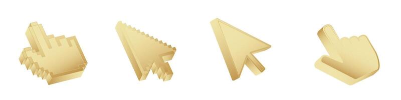 Click cursor 3d gold icon. Computer mouse pointer golden arrow vector