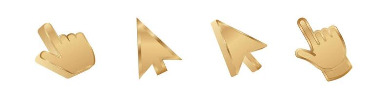 Click cursor 3d gold icon. Computer mouse pointer golden arrow vector