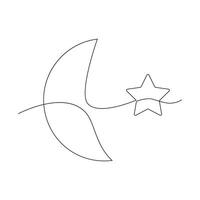 Moon and star drawn in one continuous line. One line drawing, minimalism. vector