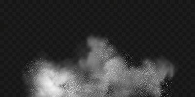 A realistic set of white clouds of flour, sugar, washing powder. An explosion of snow dust in the air. A splash of ice crystals in a white blizzard cloud. vector