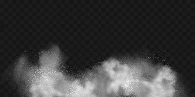 A realistic set of white clouds of flour, sugar, washing powder. An explosion of snow dust in the air. A splash of ice crystals in a white blizzard cloud. vector