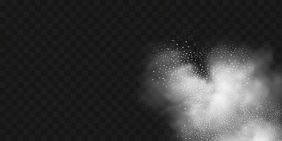 A realistic set of white clouds of flour, sugar, washing powder. An explosion of snow dust in the air. A splash of ice crystals in a white blizzard cloud. vector