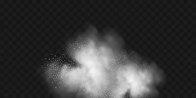 A realistic set of white clouds of flour, sugar, washing powder. An explosion of snow dust in the air. A splash of ice crystals in a white blizzard cloud. vector