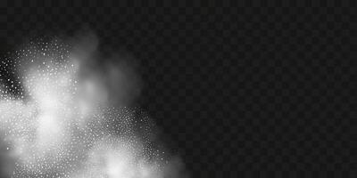 A realistic set of white clouds of flour, sugar, washing powder. An explosion of snow dust in the air. A splash of ice crystals in a white blizzard cloud. vector