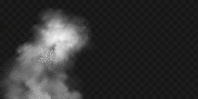 A realistic set of white clouds of flour, sugar, washing powder. An explosion of snow dust in the air. A splash of ice crystals in a white blizzard cloud. vector