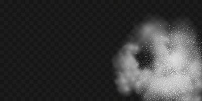 A realistic set of white clouds of flour, sugar, washing powder. An explosion of snow dust in the air. A splash of ice crystals in a white blizzard cloud. vector