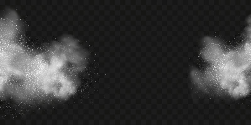 A realistic set of white clouds of flour, sugar, washing powder. An explosion of snow dust in the air. A splash of ice crystals in a white blizzard cloud.
