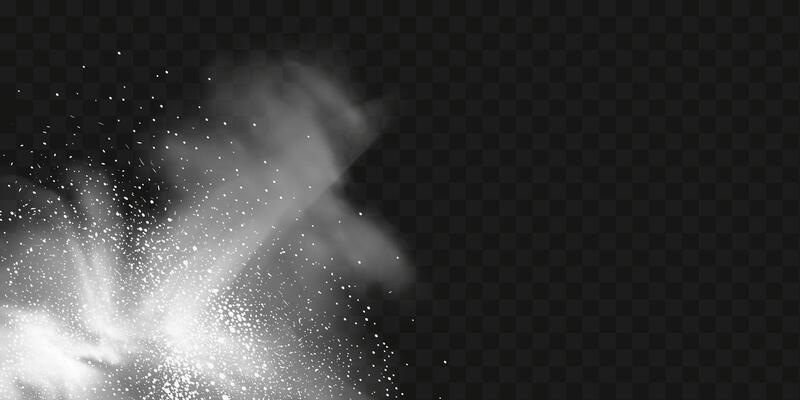 A realistic set of white clouds of flour, sugar, washing powder. An explosion of snow dust in the air. A splash of ice crystals in a white blizzard cloud.