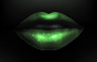 verde labios retro trama de semitonos en el negro antecedentes. natural sexy hembra labios en estilo moderno punteado popular Arte estilo. ilustración con Clásico grunge punk separar vector