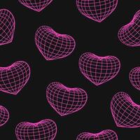 Seamless pattern with pink wireframe heart on black background. Cyberpunk style heart with geometry grid. Y2K retro wave. 2000s psychedelic rave style. vector