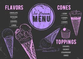 Template for ice cream menu for cafe and restaurant. Hand drawn ice cream in cone waffle. Frozen dessert in waffle cup. Retro style menu. Gelato drawing with hatching. vector