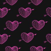 Seamless pattern with arrow-pierced heart from geometry grids and wireframe shapes. Black background with pink cyberpunk style heart pierced by an arrow. Y2K retro wave. Psychedelic rave style. vector