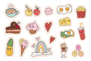 Set of stickers with cute food with anthropomorphic faces. Cappuccino, heart, rainbow, cake, ice cream, muffin, lips, pineapple, latte, popcorn, eggs benedict, cheese. Groovy sweets and breakfast food vector