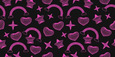 Seamless pattern with pink wireframe hearts, stars, rainbow with clouds on black background. Cyberpunk style texture with geometry grid. Y2K retro wave. 2000s psychedelic rave style. vector