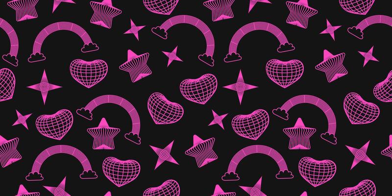 Seamless pattern with pink wireframe hearts, stars, rainbow with clouds on black background. Cyberpunk style texture with geometry grid. Y2K retro wave. 2000s psychedelic rave style.