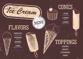 Template for ice cream menu for cafe and restaurant. Hand drawn ice cream in cone waffle. Frozen dessert in waffle cup. Retro style menu. Gelato drawing with hatching vector