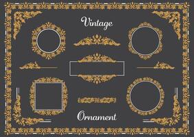 Set Of Golden Vintage ornament with border, frame, crown, corner, mandala and luxury elements, suitable for vintage design or wedding invitation card vector