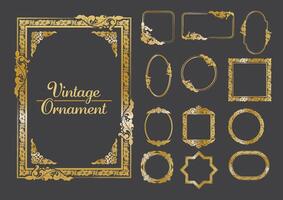 Set Of Golden Vintage ornament with border, frame, crown, ornate, mandala and luxury elements, suitable for vintage design or wedding invitation card, banner and label vector