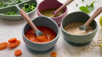 Healthy baby food in bowls. video