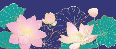 Luxury lotus flower background . Elegant pink lotus flowers golden line art, leaves, gradient color on blue. Japanese and Chinese illustration Design for decor, wallpaper, banner, packaging. vector