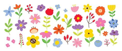 Collection of spring colorful flower elements . Set floral of wildflower, leaf branch, foliage on white background. Hand drawn blossom illustration for decor, easter, sticker, clipart, print. vector