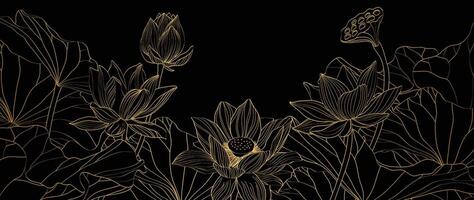Luxury lotus flower background . Elegant gold lotus flower, leaf line art on black background. Japanese and Chinese illustration design for decor, wallpaper, banner, packaging. vector