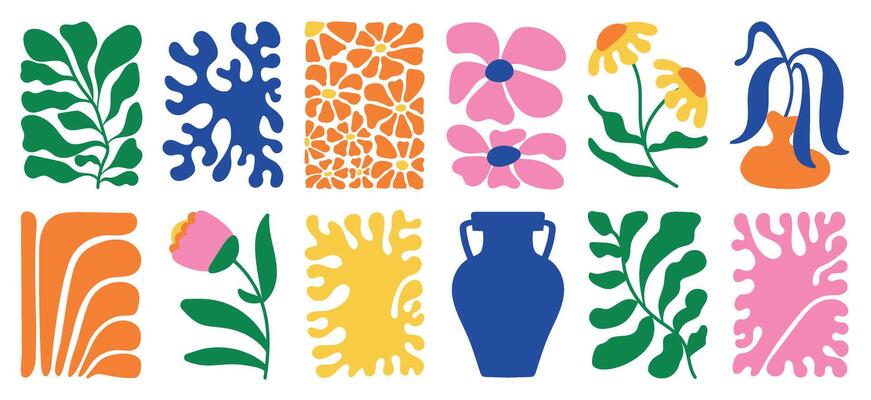 Botanical doodle background art set. Flower and leaves abstract shape doodle art design for print, wallpaper, clipart, wall art for home decoration.