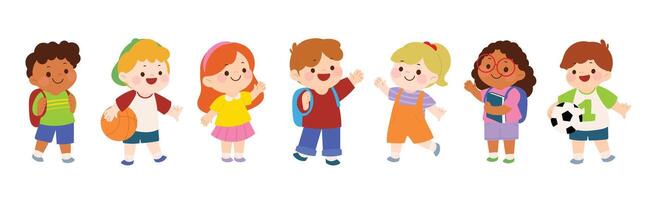 linda niños caracteres colocar. colección espalda a colegio de jardín de infancia, chicas, Niños, niños con diferente posa, feliz, sonrisa. espalda a colegio con niños ilustración para educación. vector