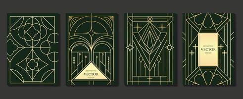 Arte deco modelo cubrir diseño . conjunto invitación tarjeta de resumen geométrico línea Arte forma diseño en verde antecedentes. utilizar para Boda invitación, cubrir, VIP tarjeta, imprimir, gala, fondo de pantalla. vector