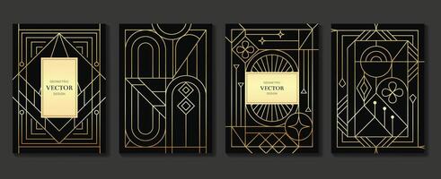 Art deco pattern cover design . Set invitation card of abstract geometric line art shape design on dark background. Use for wedding invitation, cover, VIP card, print, gala, wallpaper. vector